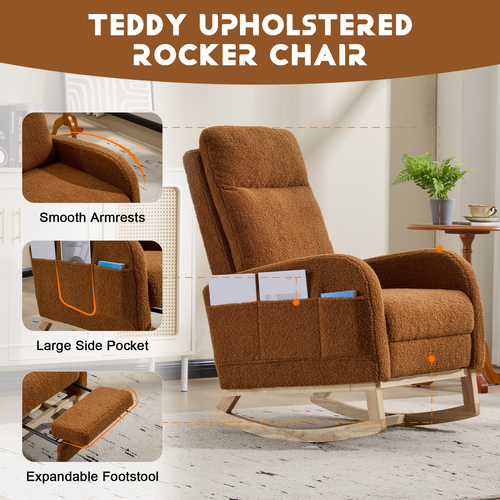Modern Accent Rocking Chair Rocking Chair With Solid Wood Legs, Upholstered Nursery Glider Rocker, Comfy Armchair With Side Pocket, Living Room Lounge Arm Chair With High Backrest (Brown,teddy)_voghion.com